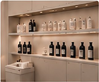 Beauty product shelves with bottles
