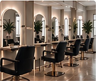 Hair salon with arched mirrors and black styling chairs