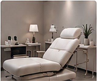 Med spa treatment room with a white treatment chair